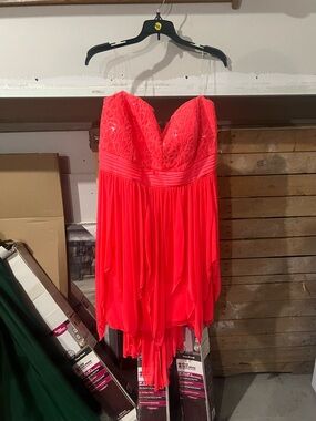 My Michelle Bright Coral Lace & Chiffon Evening Dress